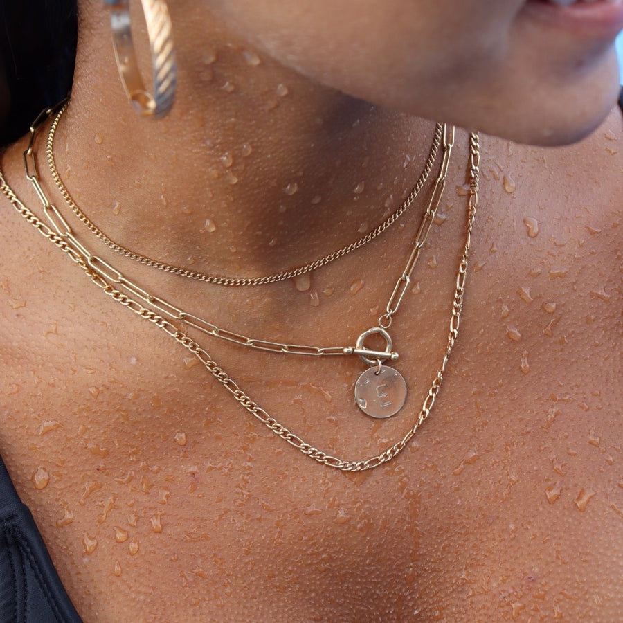 Model Wearing 14k gold fill chain link toggle necklace with monogram