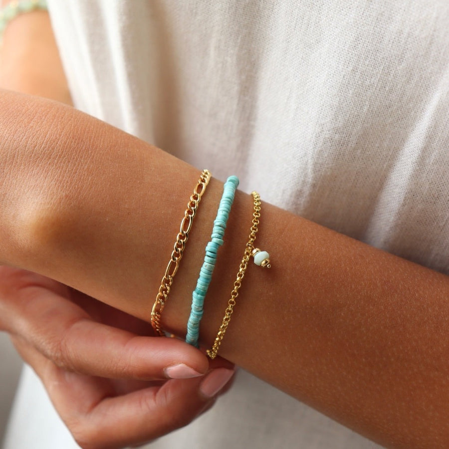 Model wearing 14k gold fill Peruvian Opal Bracelet