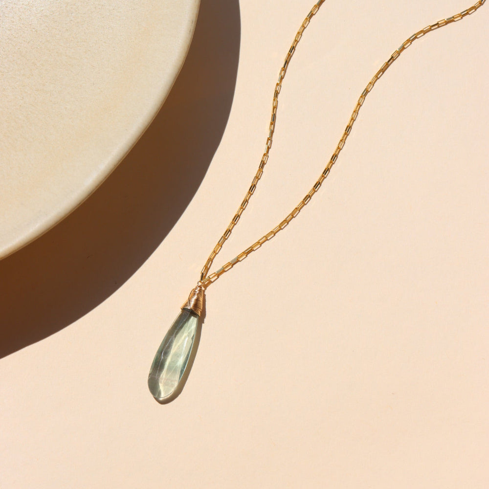 Laguna Pendant Necklace with faceted teardrop blue-green fluorite on petite gold fill box chain