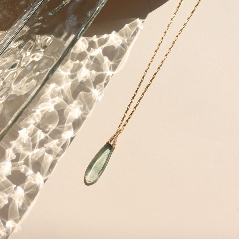 Laguna Pendant Necklace with faceted teardrop blue-green fluorite on petite gold fill box chain