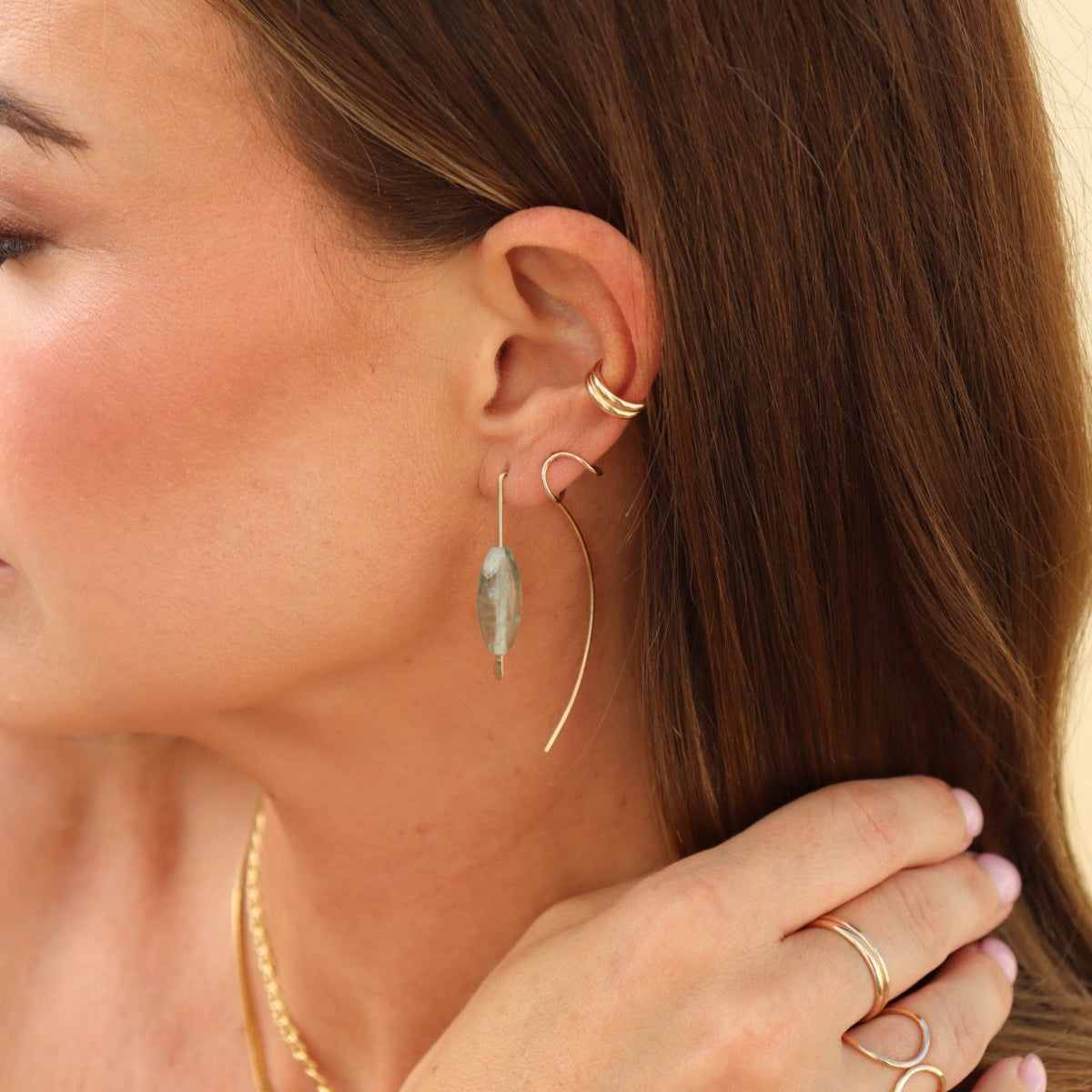 Laguna Threader Earrings with blue-green fluorite gemstones in gold fill