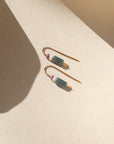 gold fill threader earrings with faceted phosphosiderite, fossil jasper, and guatamalan jade on a light dish