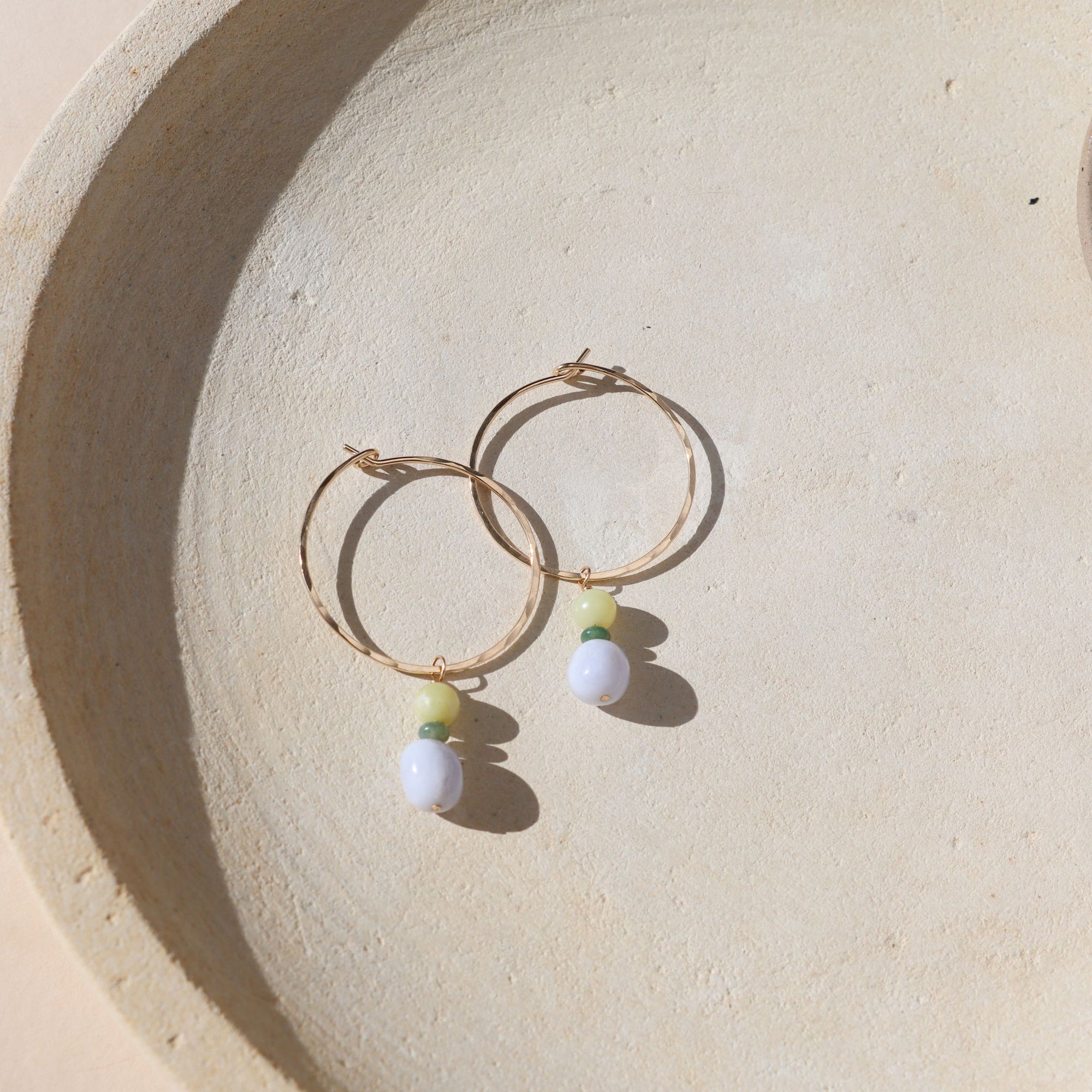 14k gold fill hammered hoop earrings with blue lace agate &amp; lemon jade beads