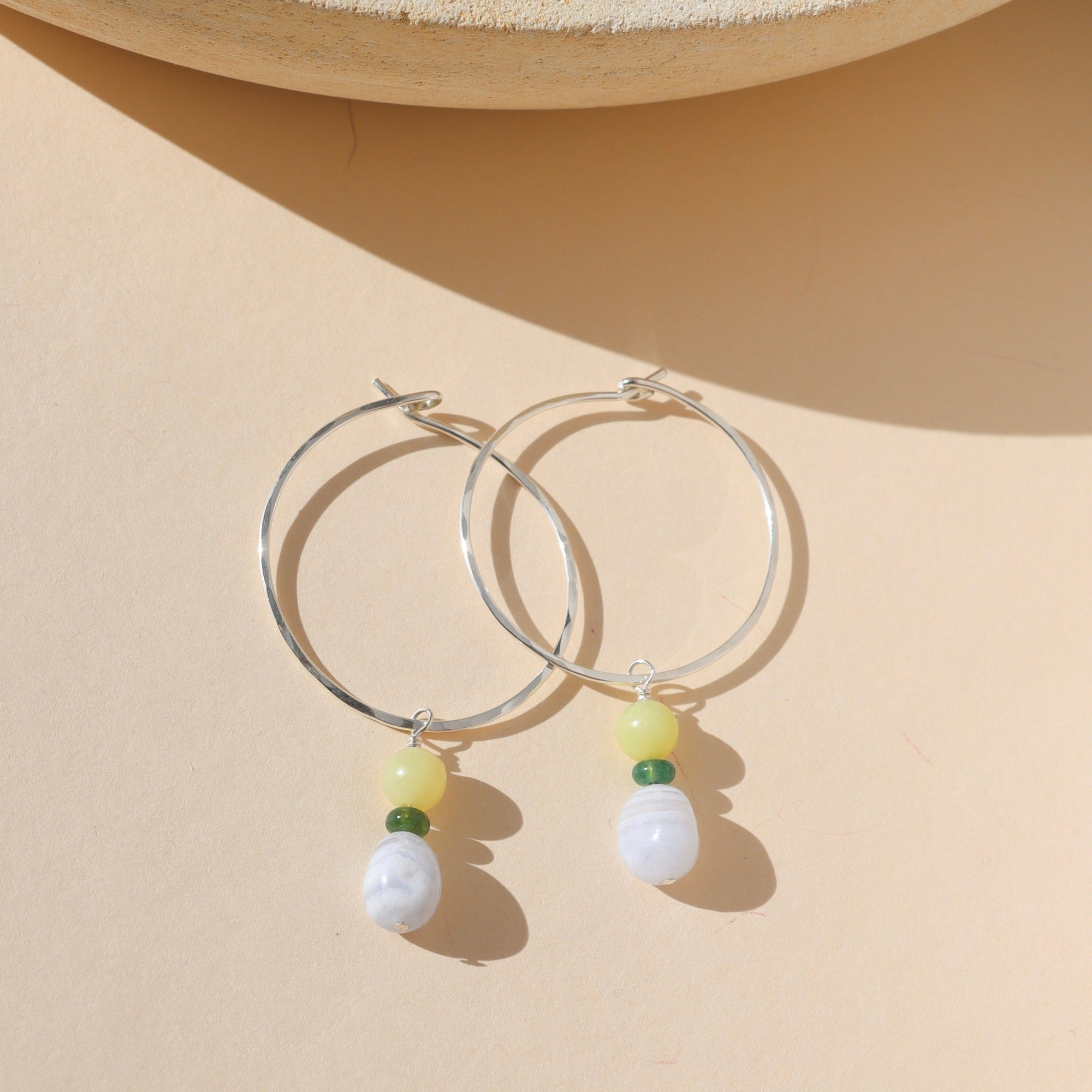 sterling silver hammered hoop earrings with blue lace agate &amp; lemon jade beads
