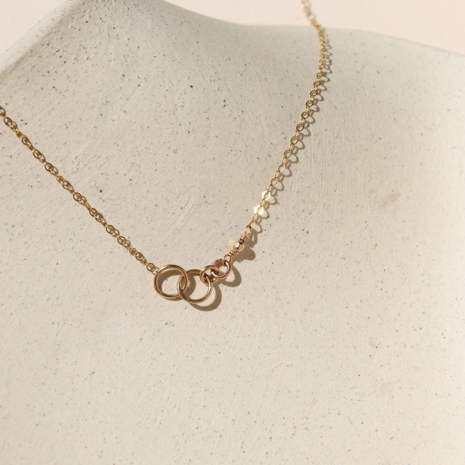 14k gold fill delicate chain necklace with large jump rings in the center showing a family lineage
