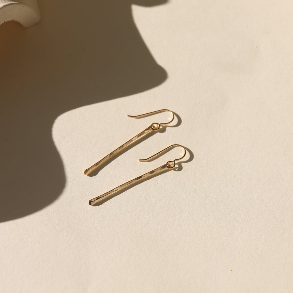Handcrafted matchstick earrings in 14k gold fill or sterling silver, sleek and minimal with subtle texture, modern design perfect for layering or wearing alone.