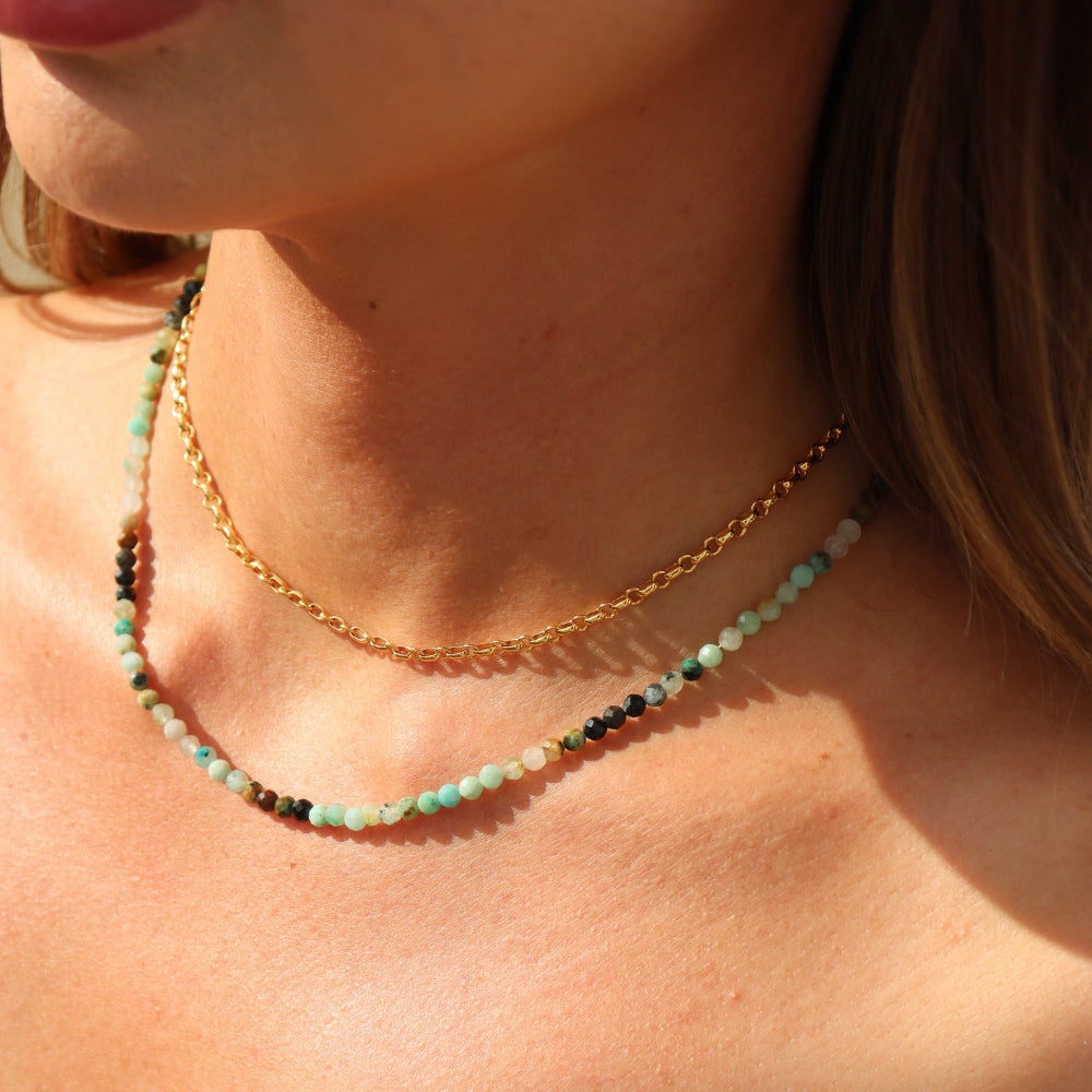 Tidepool Necklace featuring green chrysocolla and blue azurite beads on a delicate chain