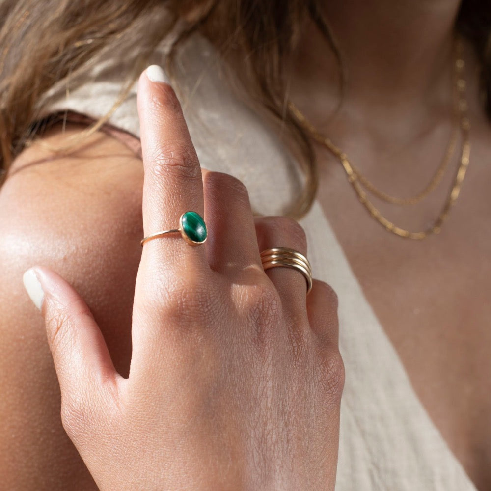 sterling silver ring with a green malachite stone, photographed on a model