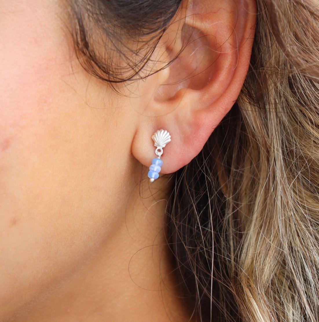 Model wearing 925 sterling silver Seastone Studs