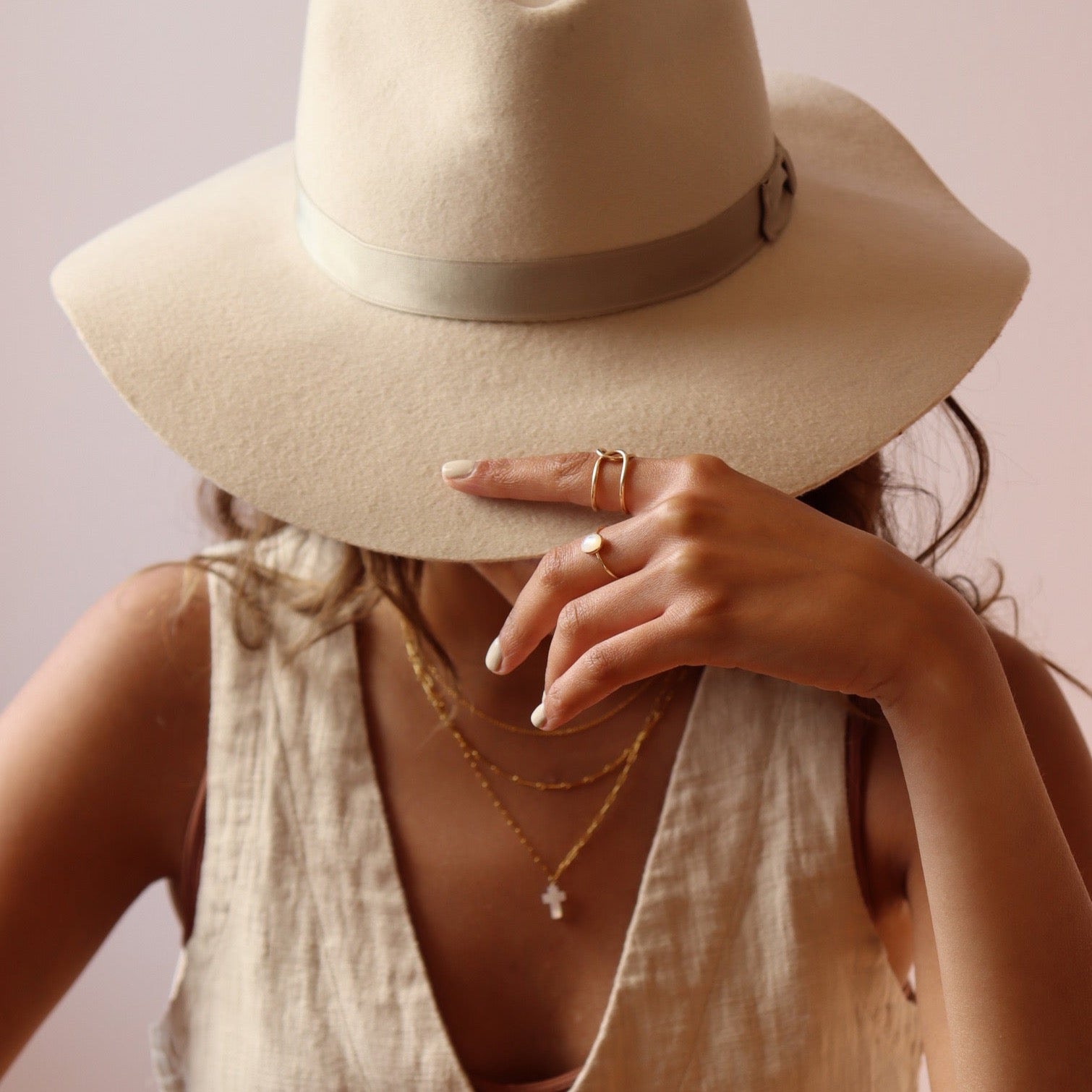 model wearing 14k gold fill Aurelia Ring.