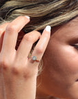 Model wearing 14k gold fill birth flower ring