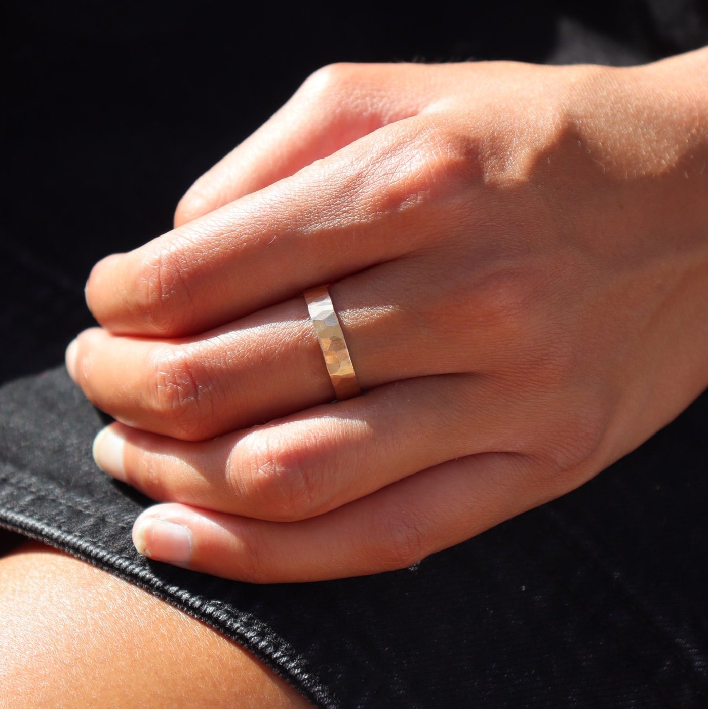 Model wearing Cigar Band in 14k gold fill