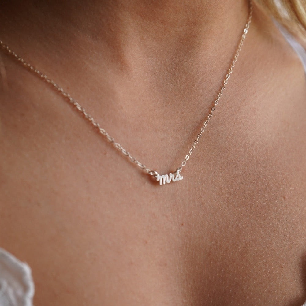 model wearing 925 sterling silver mrs. Necklace. 