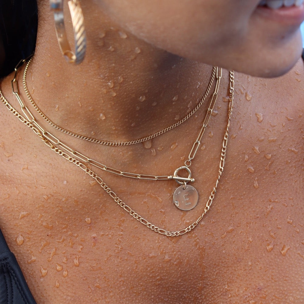 Model Wearing 14k gold fill La mer Necklace