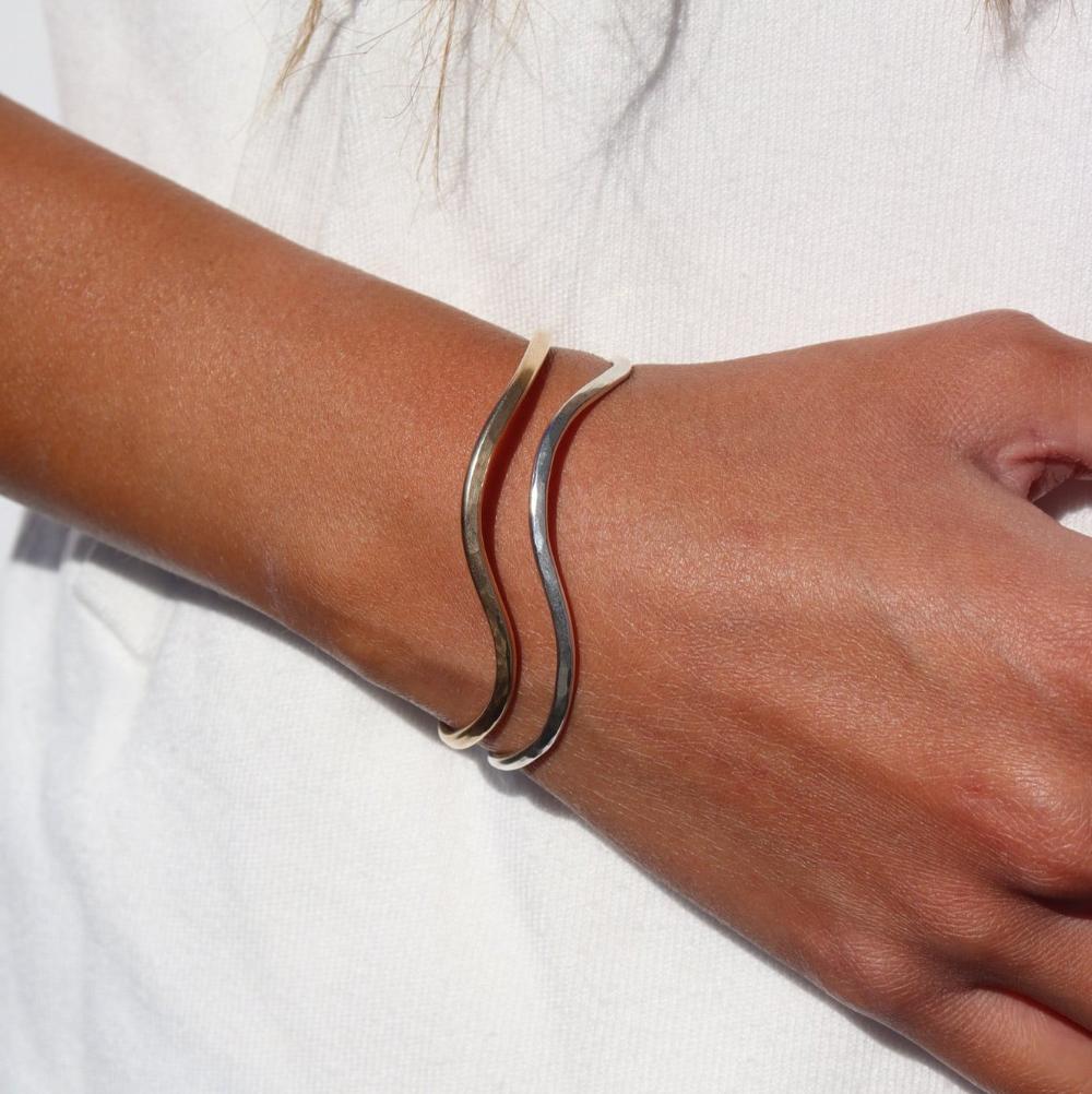 Model wearing Sterling Silver and Gold Fill Swell Cuff