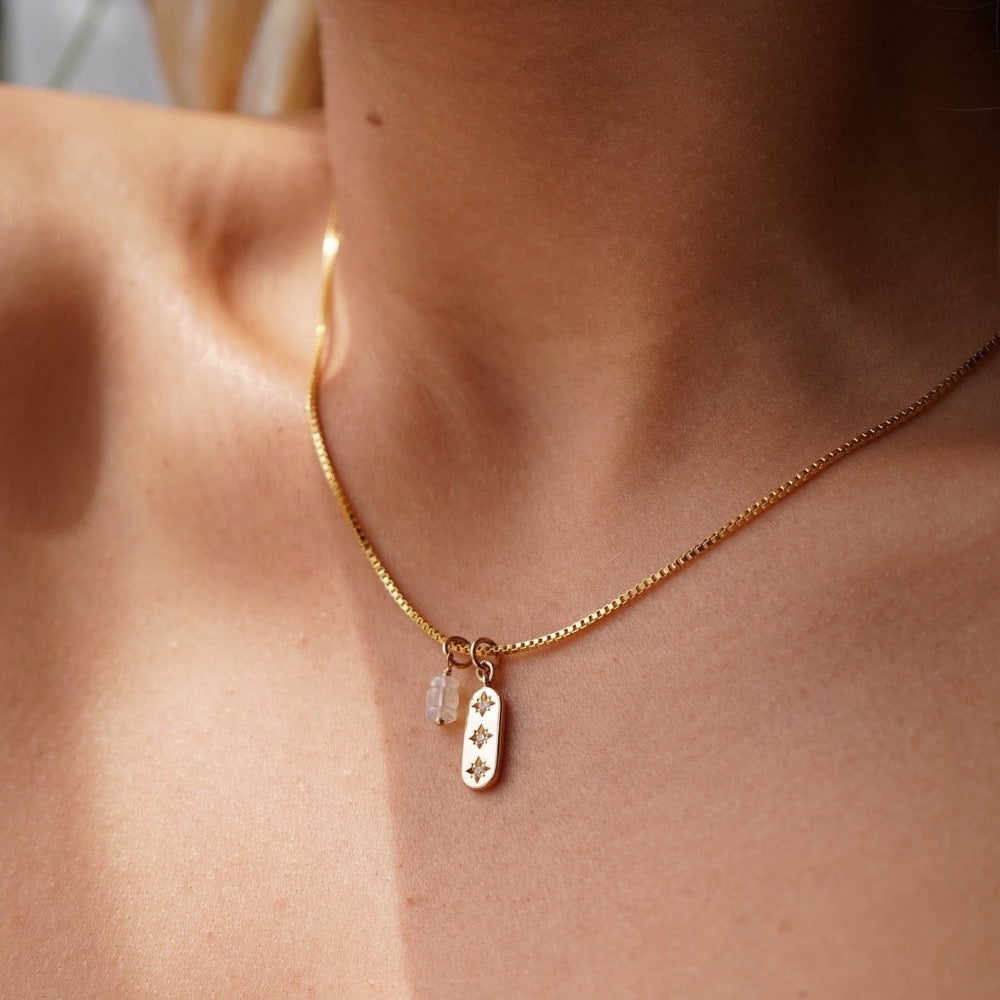 Model wearing 14k gold fill Three Sisters Necklace