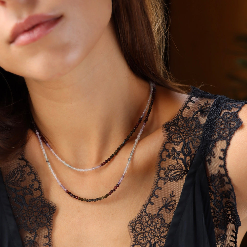Moonwake Necklace featuring fluorite, golden obsidian, and garnet beads in rich twilight tones
