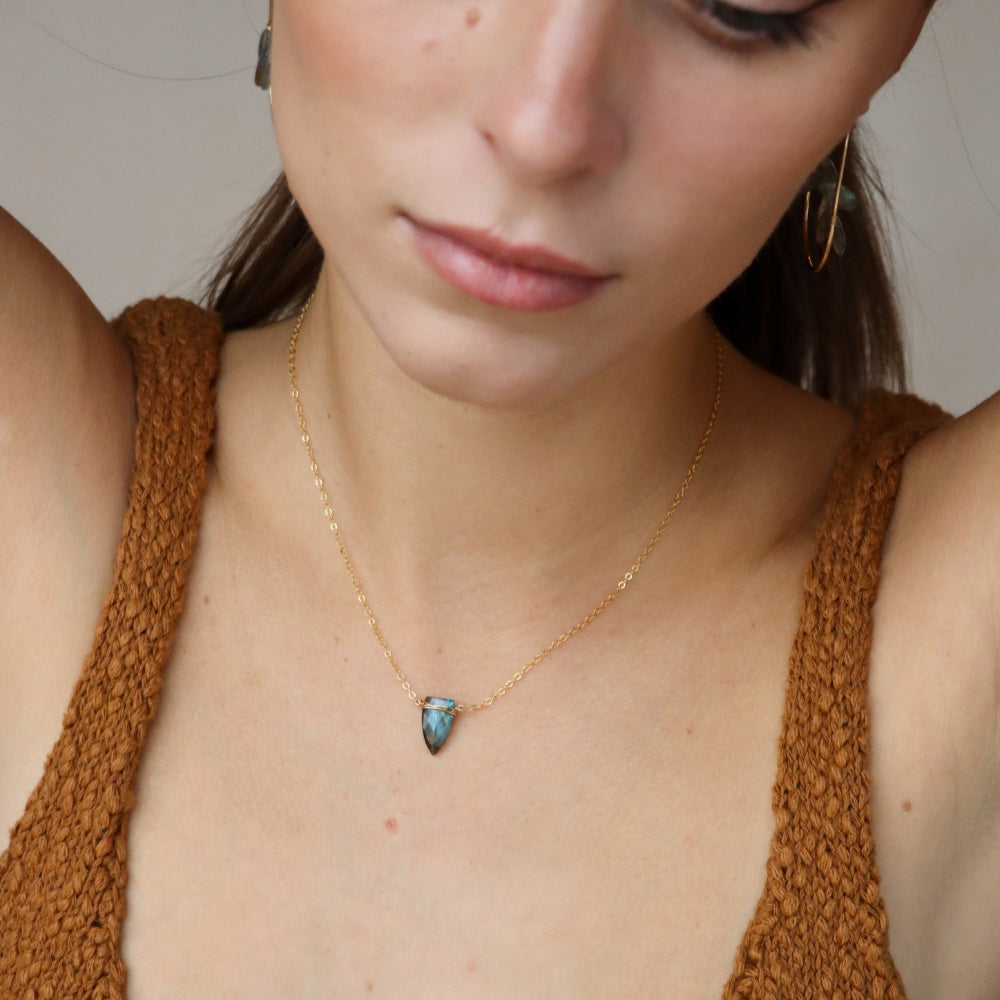 Spear-shaped labradorite pendant on gold chain, handmade anniversary jewelry