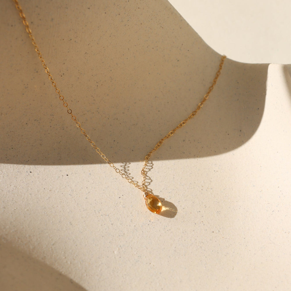 November Necklace — 14K gold fill or sterling silver necklace with a citrine marquise gemstone, November’s birthstone, lightweight and versatile for everyday wear.