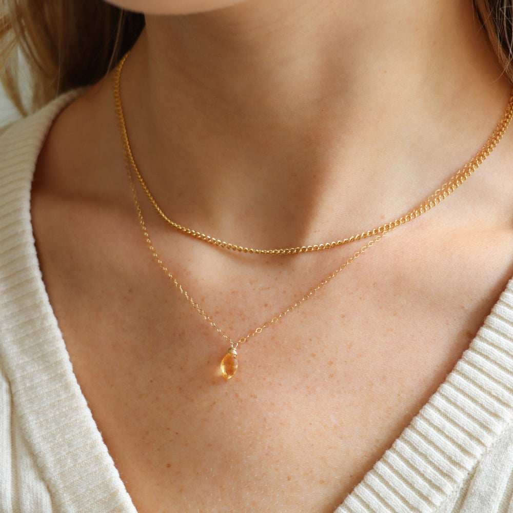 November Necklace — 14K gold fill or sterling silver necklace with a citrine marquise gemstone, November’s birthstone, lightweight and versatile for everyday wear.