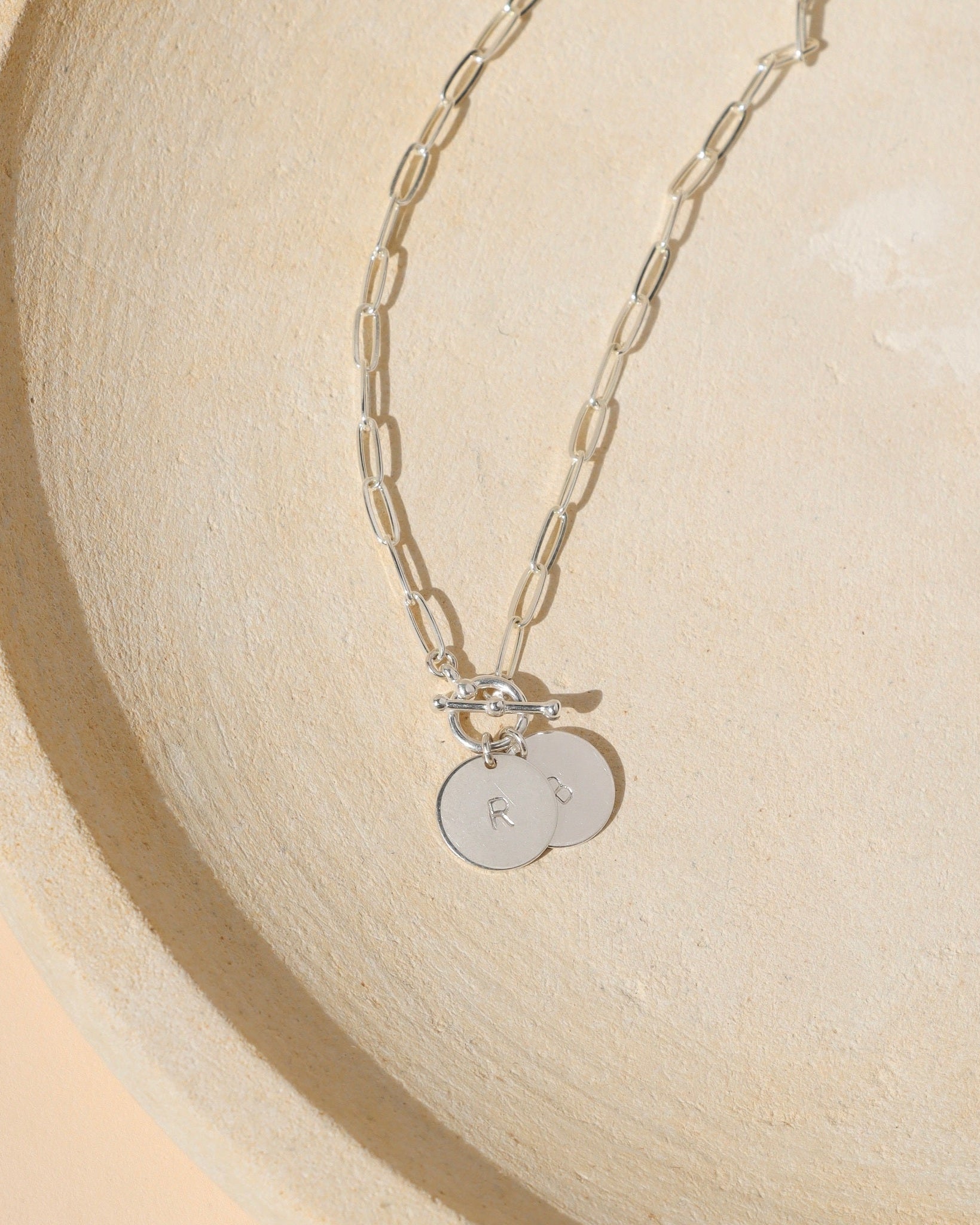 14k gold fill paperclip chain necklace with toggle clasp & custom stamped discs