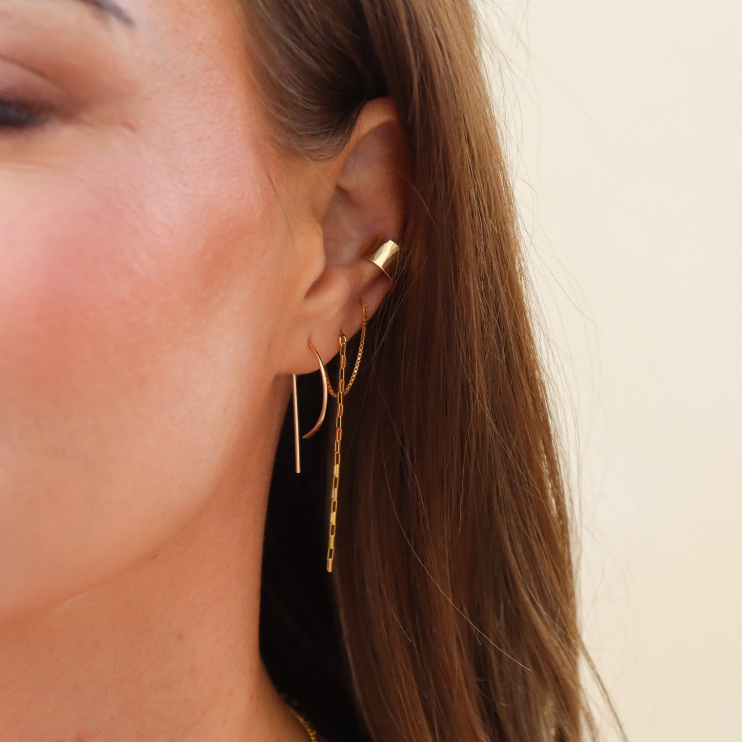 model wearing 14k gold fill hand made earrings 