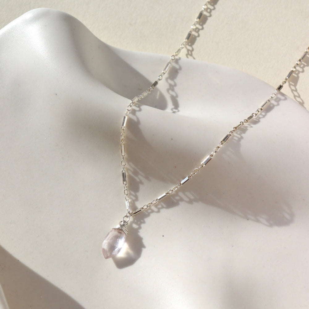 Necklace by Token Jewelry - 925 Sterling Silver Marisol Chain featuring a wire-wrapped rose quartz gemstone