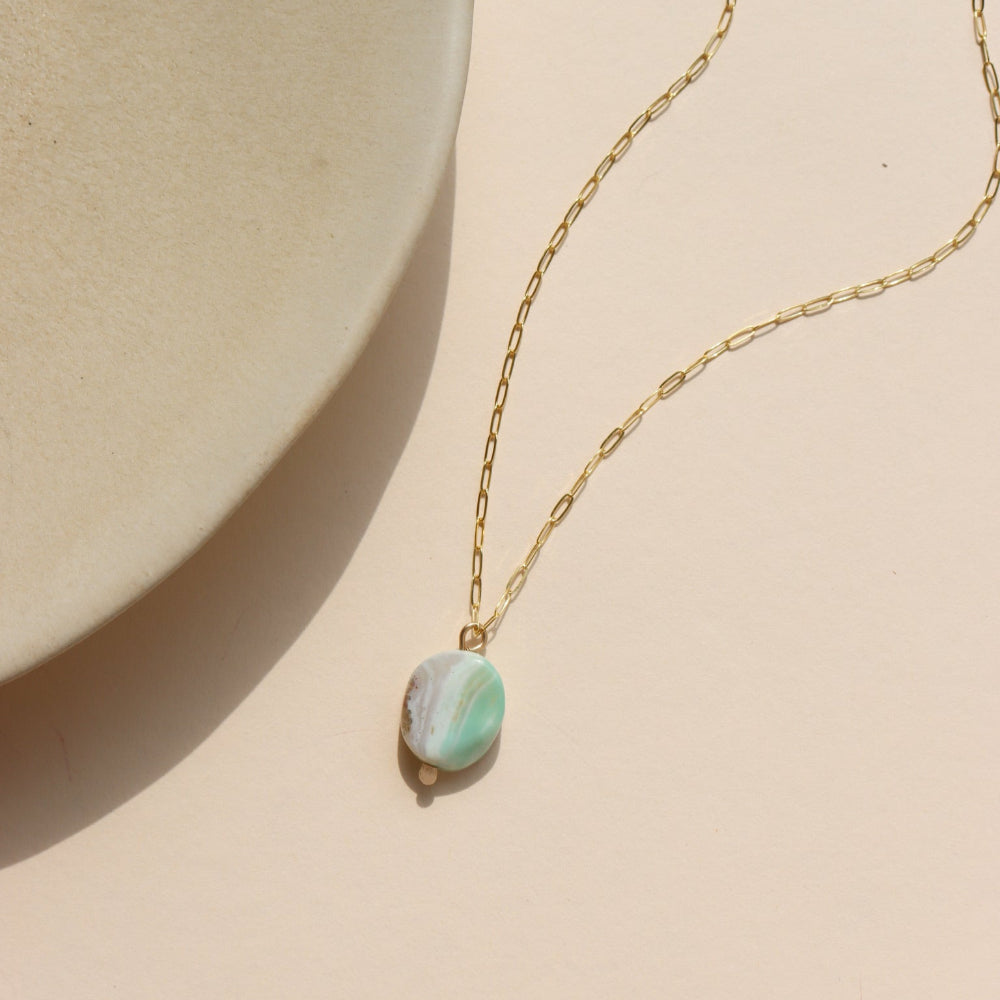 Sea Drift Necklace with unique terra agate gemstone pendant on delicate paperclip chain in gold fill