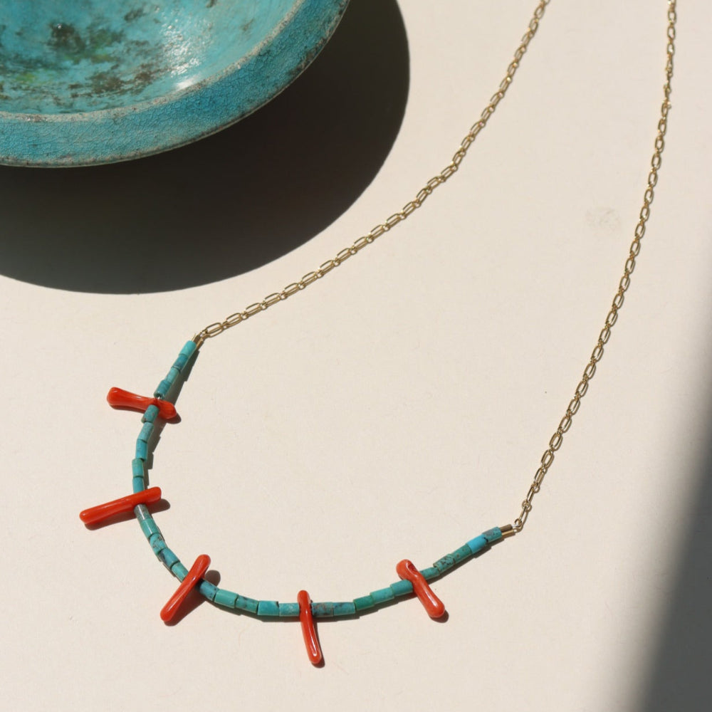 Sedona Necklace with turquoise tube beads and red coral accents on a delicate gold filled chain.