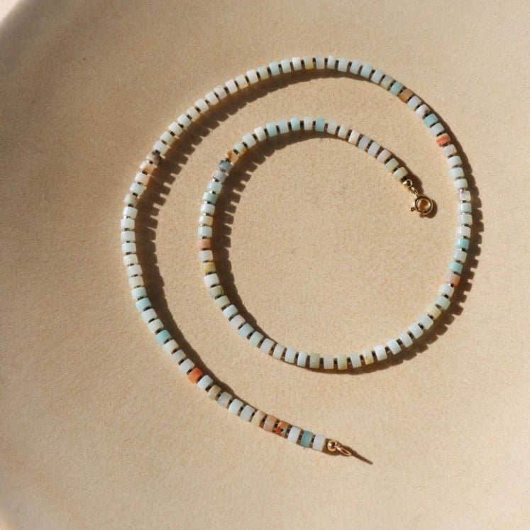 amazonite beaded necklace with 14k gold fill finishing on a light dish