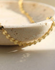 14k gold fill Starlight Choker laid in the sunlight on a gray plate. This choker is perfect for layering. This Necklace features circle disc that are linked together.