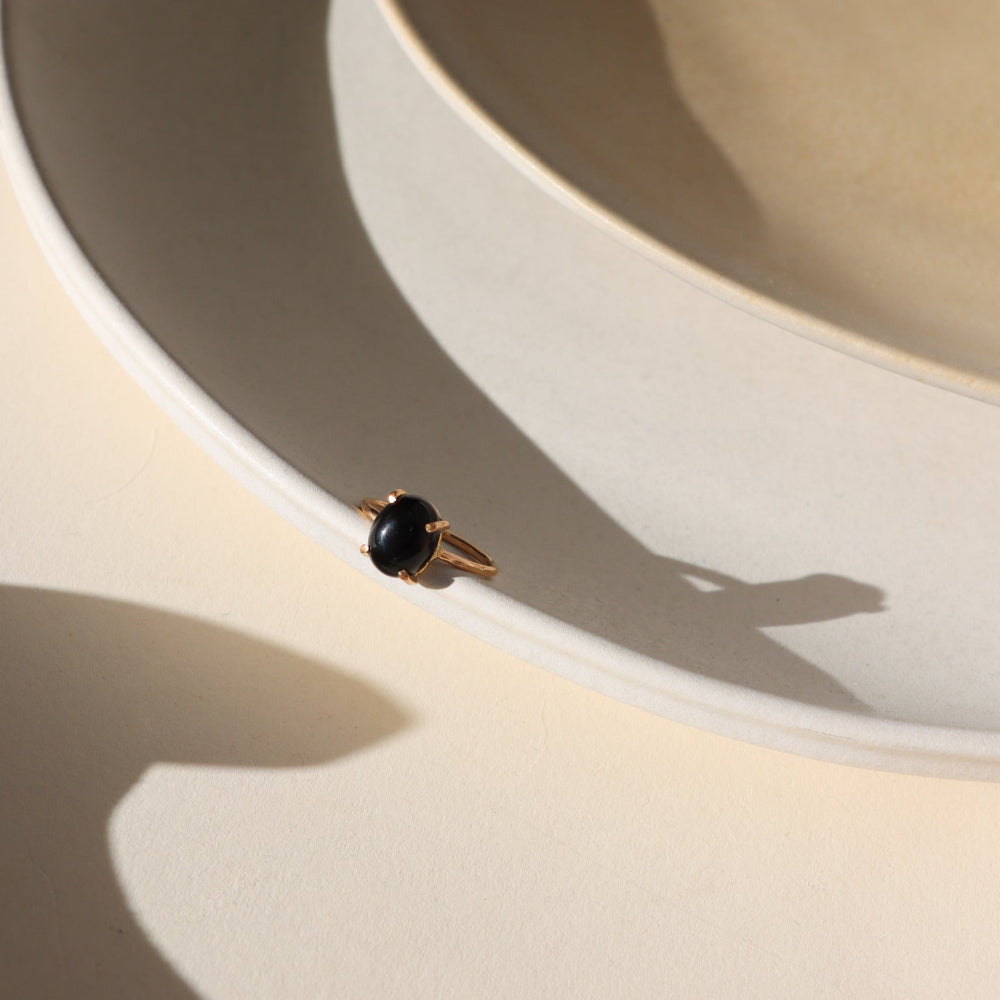Stella Ring featuring a prong-set Black Agate in a 14k gold fill setting, inspired by the night sky