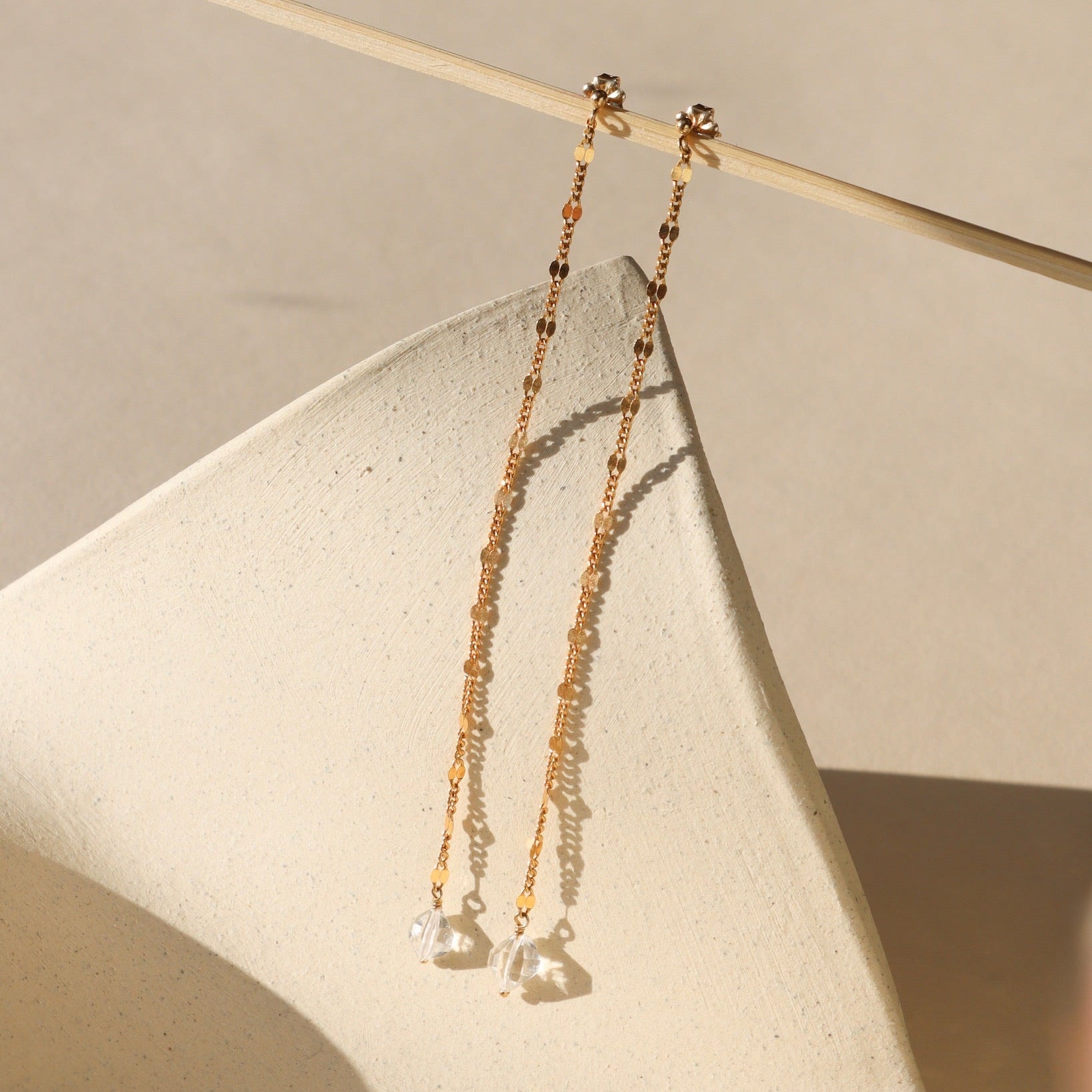 Sunburst Herkimer drop earrings — handcrafted gold earrings with sparkling Herkimer diamond quartz crystals.