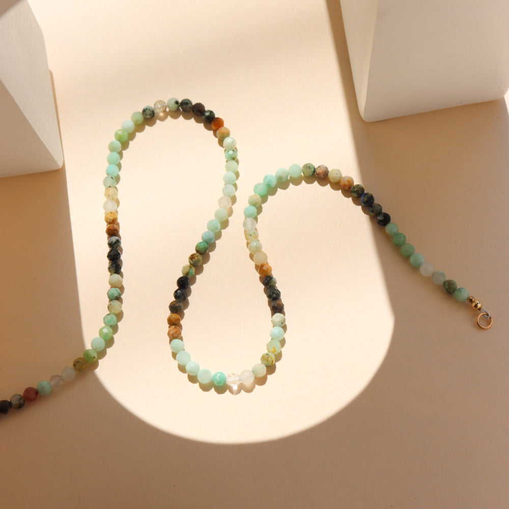 Tidepool Necklace featuring green chrysocolla and blue azurite beads on a delicate chain