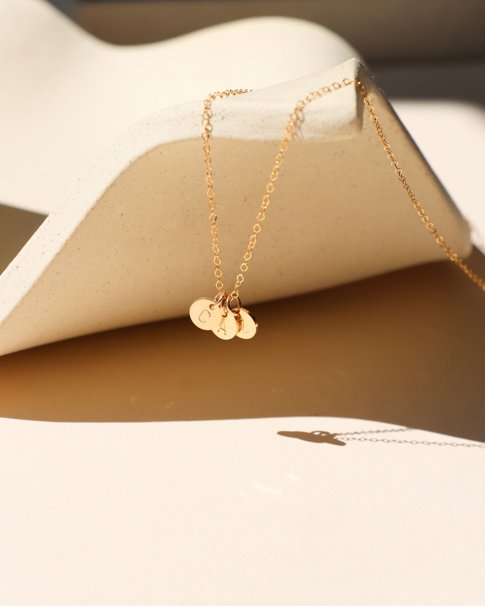 14k gold fill delicate chain necklace with 3 stamped round charms