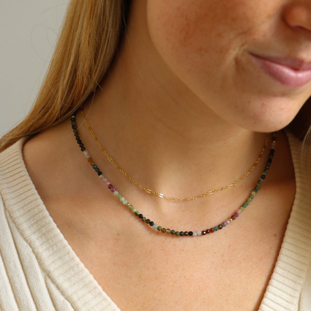 Tourmaline Beaded Necklace — mixed tourmaline beads in soft, earthy tones. Available in 14K gold fill or sterling silver, designed for effortless layering and everyday wear