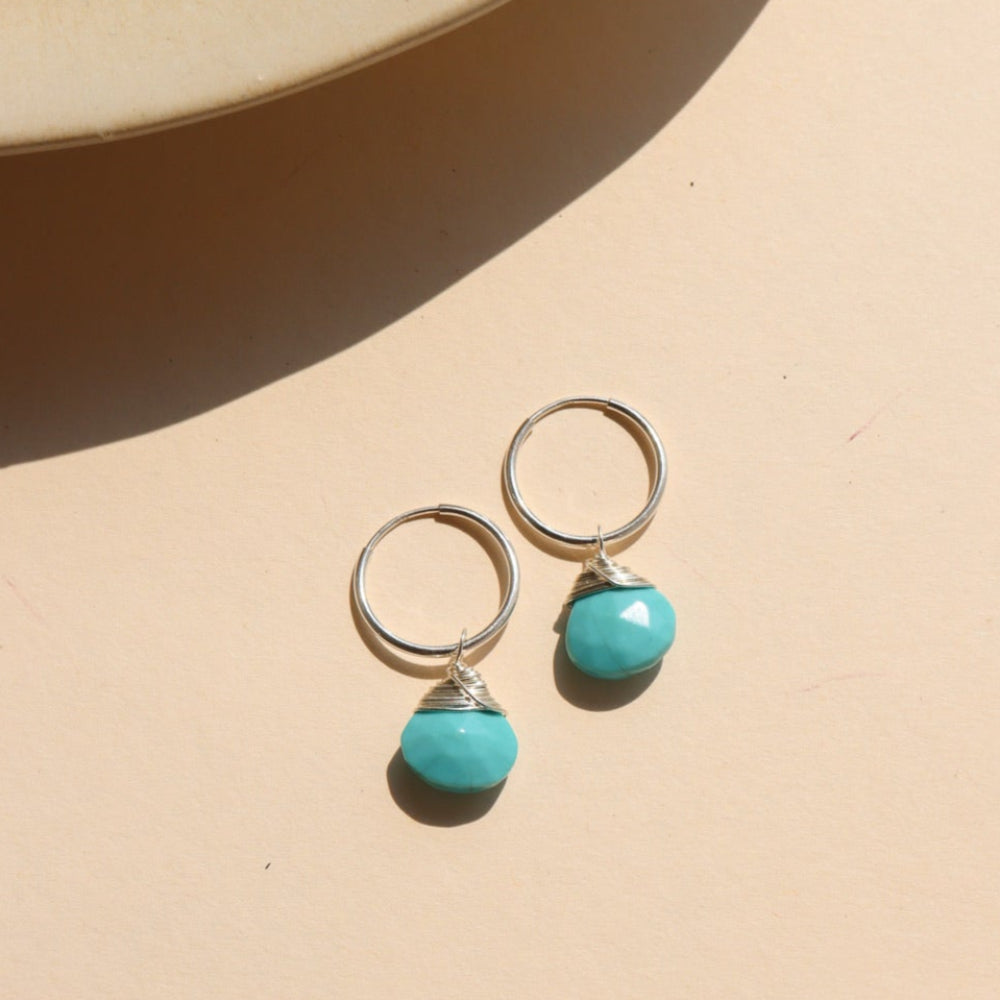 Faceted turquoise gemstone charm for hoop earrings, shown with and without 16mm Goldie Hoops. A versatile Earring Bar add-on.