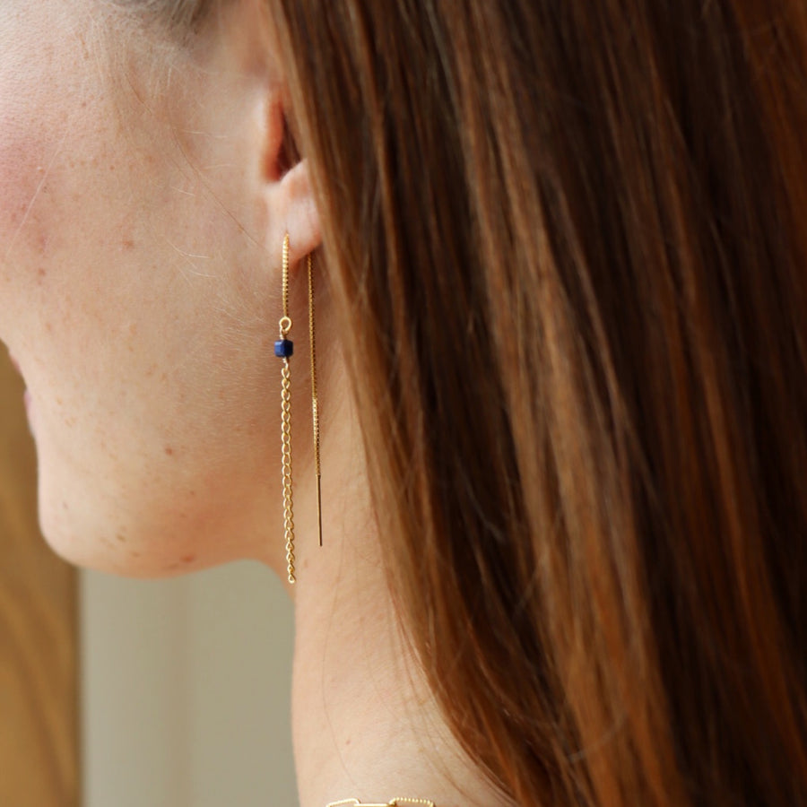 blue and gold threader earrings handmade by Token Jewelry in Eau Claire, Wisconsin