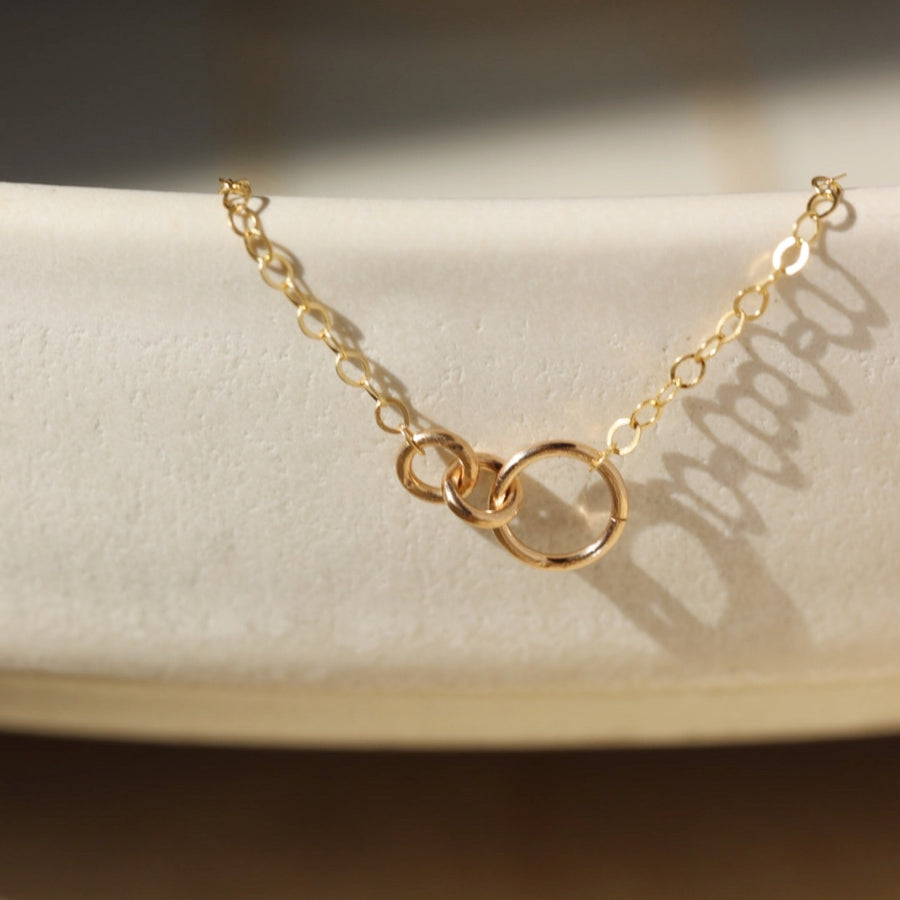 14k gold fill Lineage Necklace placed on a white jewelry dish. This necklace features jump rings representing parents, kids, and others you are able to pick the sizing of each jump ring. 
