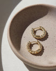 14k gold fill Croissant Huggie Hoops placed on a gray plate sitting in the sunlight. 