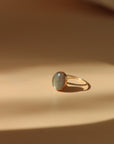 14k gold fill Labradorite Ring place on a tan plate in the sunlight. - Token Jewelry