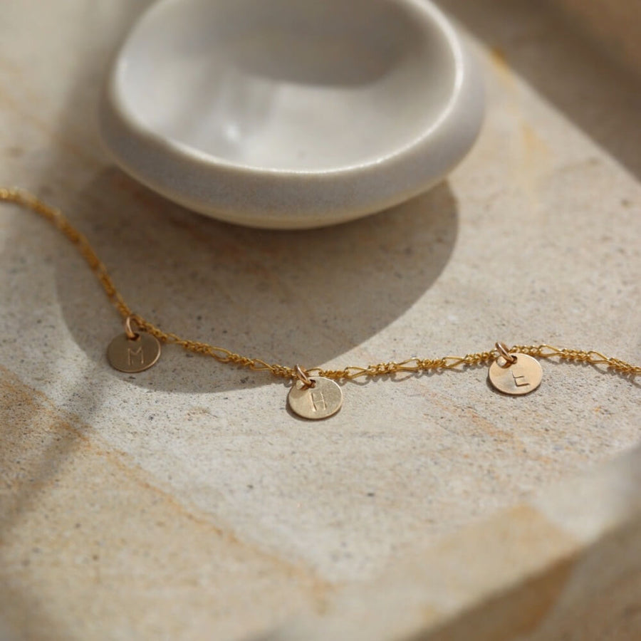 Amelie Monogram Bracelet, Amelie chain with your choice of Monogram disks, made in 14k gold fill, simple chain bracelet, handmade at token jewelry in Eau Claire, WI