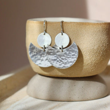 Floating Moon Earrings, hammered, sterling silver, 14k gold filled, eau Claire wi, handmade