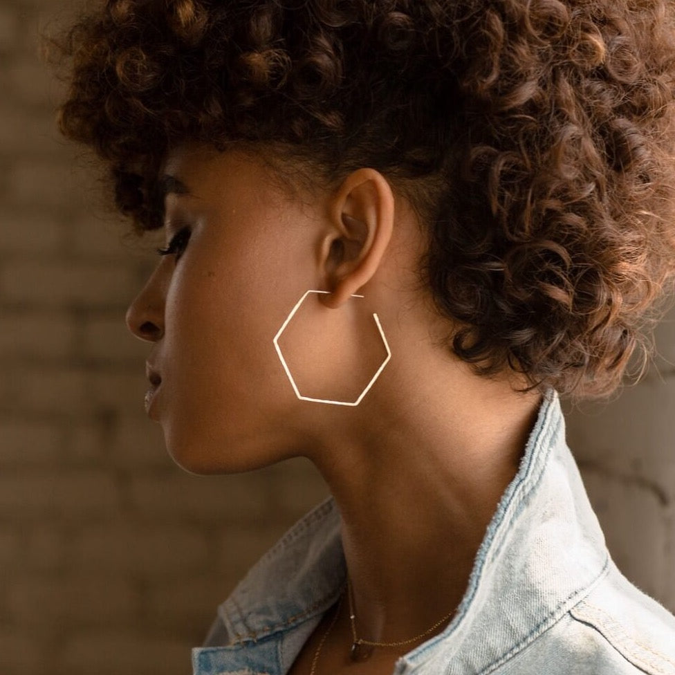 Honey Hoops - Token Jewelry - Eau Claire Wisconsin - 14k Gold filled slide earrings - hexagon shaped - minimal design - women's jewelry - accessories - core collection