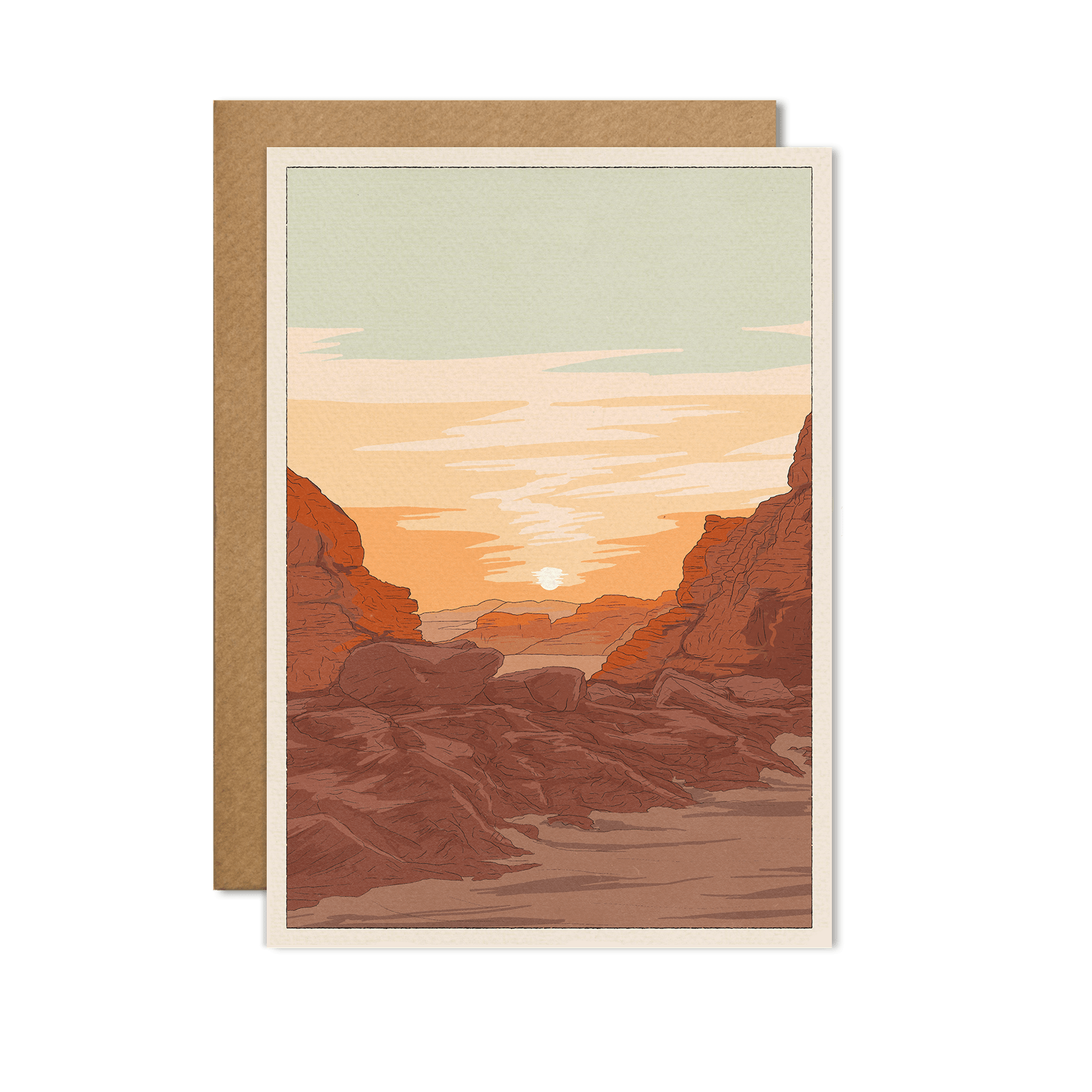 card with a view of a overlook of the Utah desert with a sunset in the background.