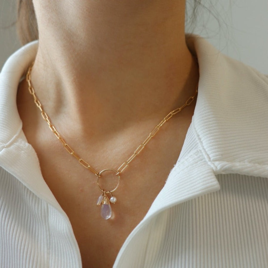 moonstone necklace, allure necklace, handmade, iridescent gemstones, grouping of stones, gold filled necklace, piper chain, women's accessory, spring jewelry