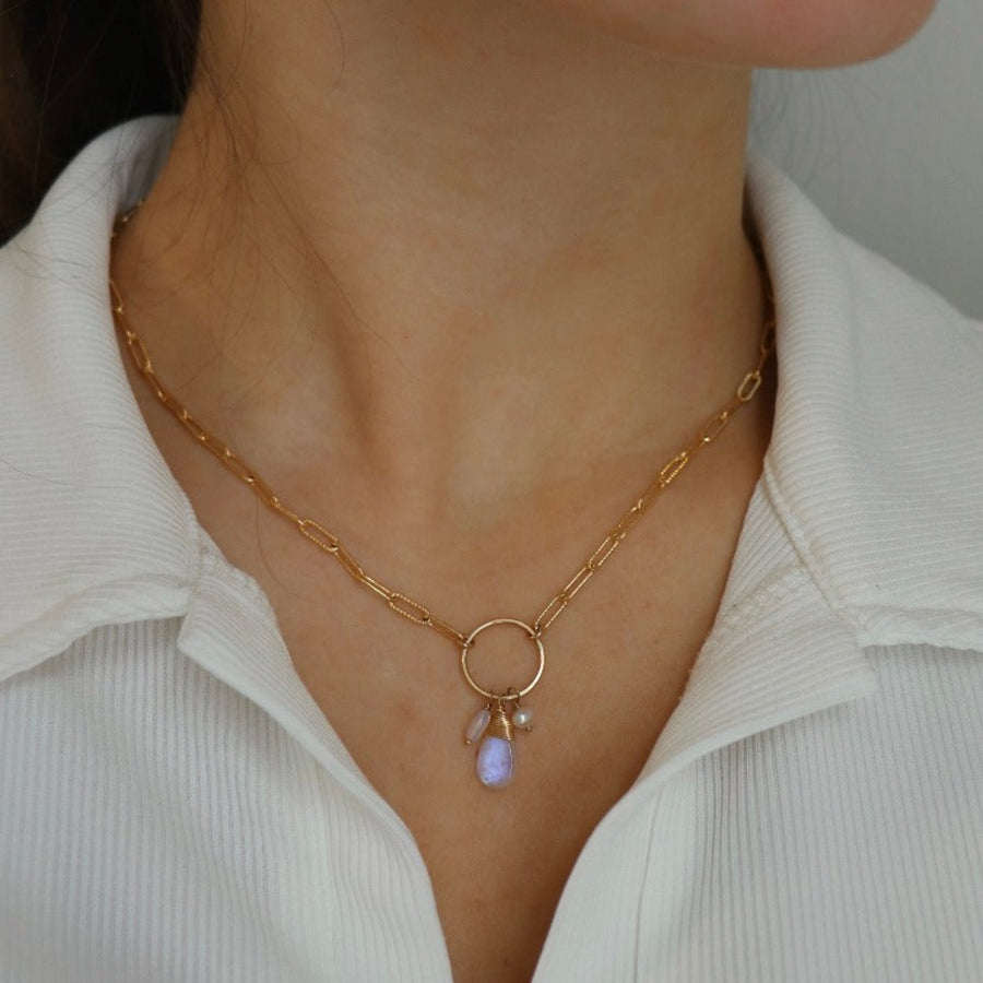 moonstone necklace, allure necklace, handmade, iridescent gemstones, grouping of stones, gold filled necklace, piper chain, women's accessory, spring jewelry 