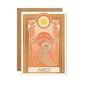 Aries astrological birthday card with ram and sun on the front. Zodiac Birthday Card. By Cai and Jo